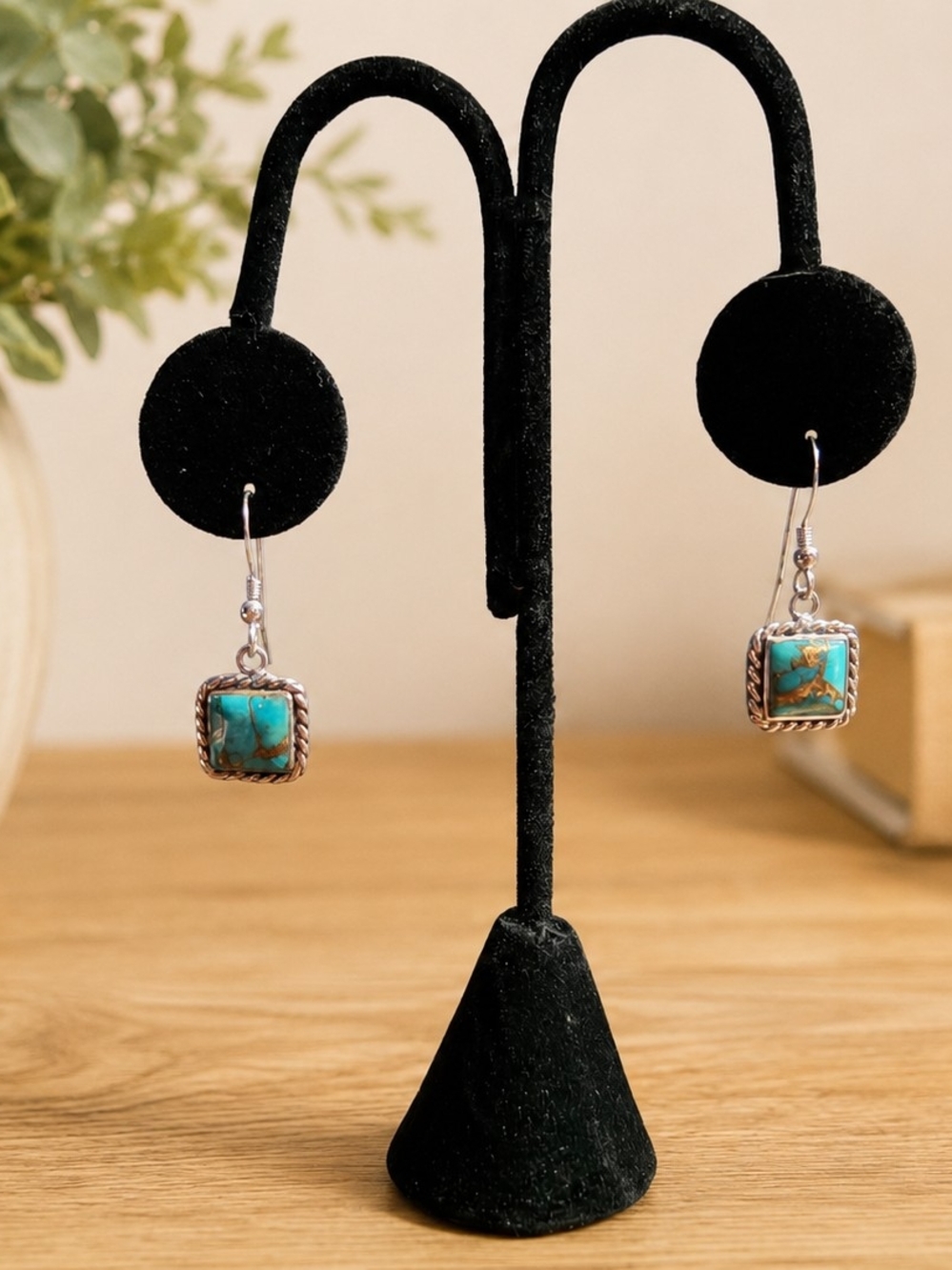 T 925 Philippines Classic dangle design With Genuine Turquoise Square Cabochons